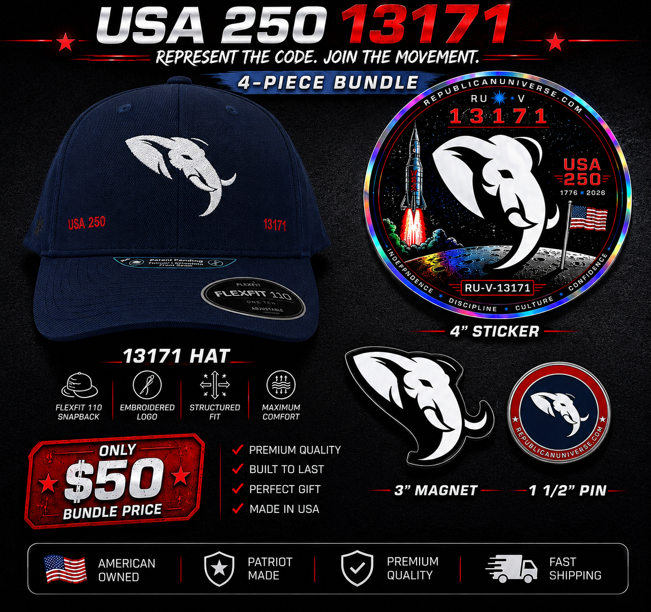 COMING JUNE 8TH REPUBLICAN UNIVERSE USA 250 - 13171 SECRET NUMBER CODE HAT 4-PIECE BUNDLE SET