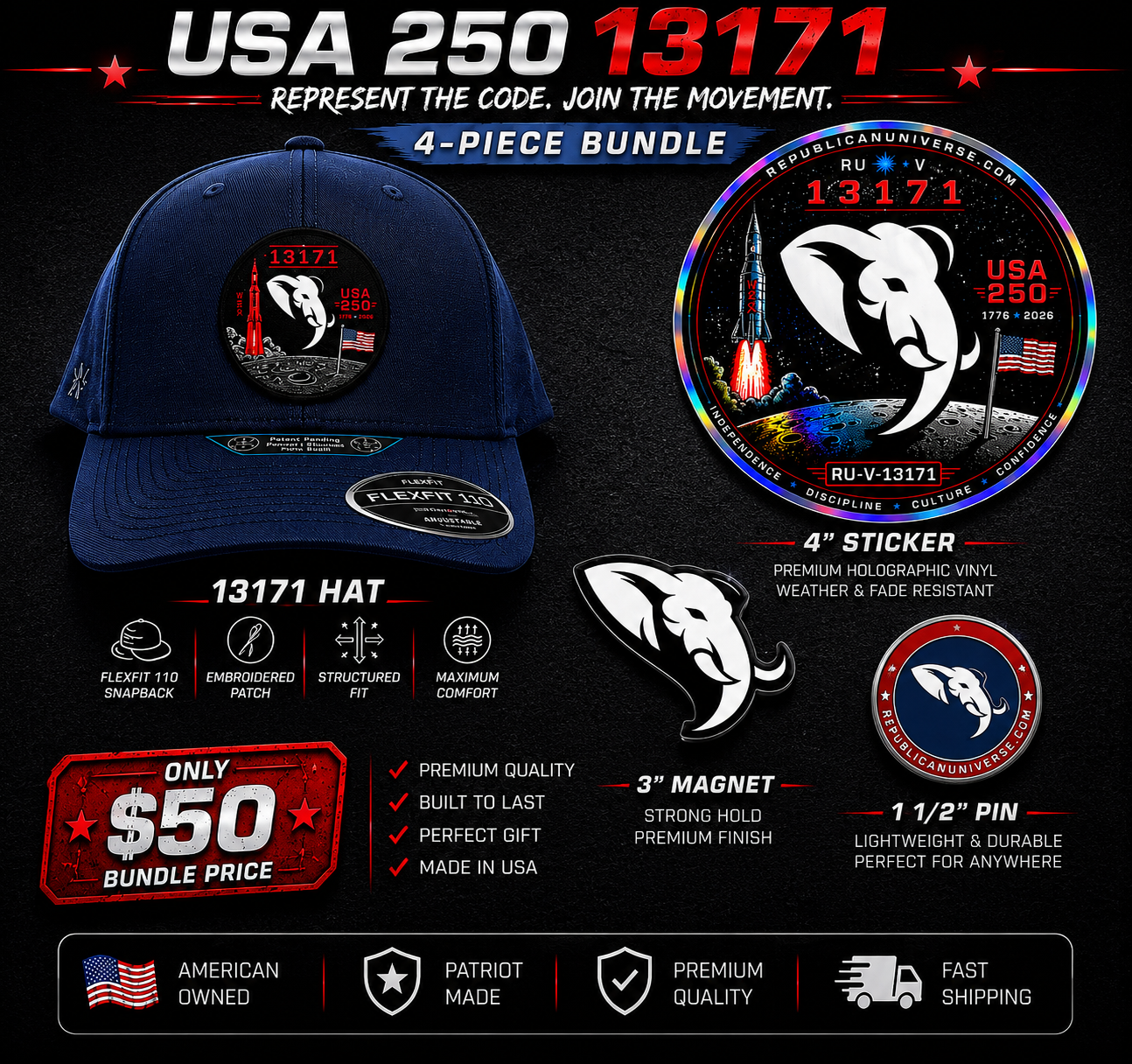 COMING JUNE 8TH REPUBLICAN UNIVERSE USA 250 - 13171  SECRET CODE MOON LOGO HAT 4 PIECE BUNDLE